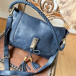 Gucci Navy Leather Bella Satchel with Braided Strap, Bamboo Bow & Brass Hardware
